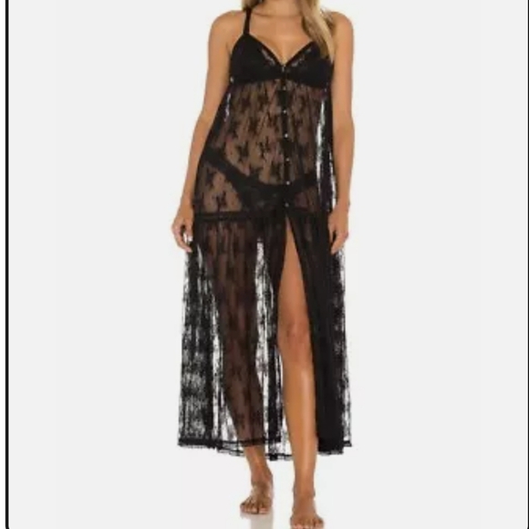 Free People In The Breeze Maxi Slip Floral Lace Button Front Tiered Black Sm NWT - Picture 7 of 14